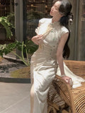 Vintage Slim Jacquard Cheongsam Summer White Midi Dresses Women Short Sleeve Runway Split Vestidos Female Black
