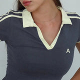 Zingj Style Cool Girl Letter Print Color Short Sleeved T Shirt POLO Collar Slim Base Versatile
