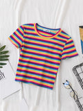 T Shirt Women Rainbow Striped Tops Slim Fit t shirt Harajuku Tshirt Summer Short Sleeve Korean T-shirt feminina Clothes