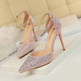 Zingj Korean Version Of Sweet High Heels With High Heel Shallow Pointed Hollow Out A Word With Shiny Rhinestone