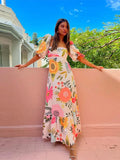 Tropical Style Flower Printed Maxi Dress Women Square Neck Short Sleeve Colorful Vestido Female Fashion Holiday