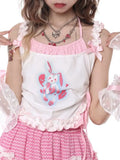 Fashion Sexy Cartoon Print Sweet Tank Tops Women Y2k Aesthetic Halter Bow Patchwork Tanks Lace Basic Backless