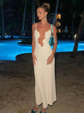 V-neck Wavy Hollow Out Sling Knitted Dress Women Elegant Sleeveless Backless Robes 2024 Lady Casual Beach Vacation