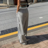 Grey Stripe Ribbon Drawstring Sweatpants-Outfit