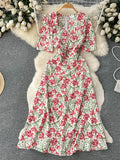 Women Floral Long Dress Elegant Square Collar Short Sleeve High Waist A-Line Casual Vestidos Female Robe New Fashion
