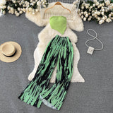Zingj Girl Set Girl Strapless Strap Short Knit Top Print High Waist Wide Leg Trousers Two-Piece
