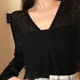 Women V-neck Solid Single Button Slim Knitted Thin Tops Female Korean Style Simple Trendy Long Sleeve Sun