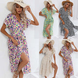 Zingj Women's Hot Style Dress 2023 Summer Small Flowers Split V-Neck Women's