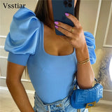 Short Puff Sleeve Ribbed Knit Cropped Top Casual Square Collar Solid Elegant Clothes New Women's Shirts Korean Tees
