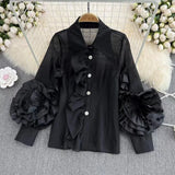 Zingj And Summer New Niche Design Sense Lapel Single Breasted Flounce Splicing Personality Loose Foreign Style Shirt