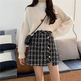 Women Wool Plaid Buttons Slit A-line Anti-glare Luxury Elegant Office Ladies Bodycon Leisure Ulzzang Korean Mini