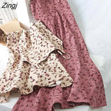 Dress Women Print Floral Spaghetti Strap Elastic Corduroy Sweet Students Beach Dresses High Street Style Simple