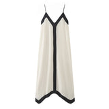 New V-Collar Color Medium-Long Suspender Dress