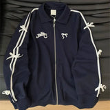 Blue Bow Stripe Zipper TrackJackets- Outfit