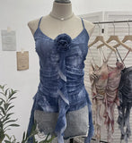 Lotus Leaf Side Flower V-Neck Sling Vest Dyed Mesh Cross-Sleeveless Top