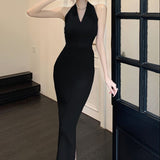 Women New Halter Elegant Party Midi Kinit Dress Female Fashion Sexy Ladies Sleeveless