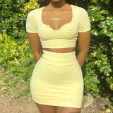 Summer Skirt Suit Women Solid Color Short Sleeve Shirt Square Neck Crop Top Mini Skirt Tracksuit Casual 2 Piece Set