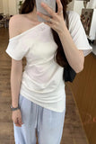 Seam Forked Irregular Shoulder Short-Sleeved T-Shirt Women's New Summer Design Feel Minority Lazy Style Beautiful