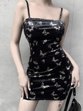 Black Dress Women Gothic Spaghetti Strap Backless Off Shoulder Dresses Female Fashion Casual Print Sexy