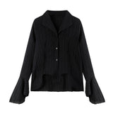 Black Striped Shirt Women's Spring Autumn New Irregular Length Design Sense Personality Lotus Leaf Sleeves Blouse
