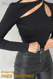 Sexy Hollow Out Women T Shirt Casual Round Neck Long Sleeve Skinny Cropped Tops 2023 Autumn Solid Elegant Basic