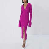LongSleeve Bodycon Knitted Maxi Sweater Long Dress Lady Elegant Female Turn Down Collar Midi Split Slim Dresses