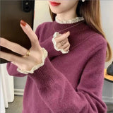 Half-High Collar Sweater In Autumn And Winter 2025 Women Loose Outer Wear Lace Stitched Knitted Bottom Shirt
