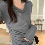 Slim, V-Collar, Straight Shoulder, Long-Sleeved T-Shirt, New Autumn Pleated Blouse, Solid Color Bottomed
