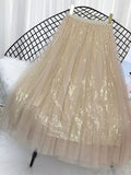 Summer Skirts Women Korea Long Tulle Skirt Sequined Pleated A Line Midi Skirt Chic High Waist Skirt