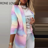 Women Coat Ombre Colorblock Long Sleeve Blazer Coat Office Lady
