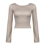 Zingj Low Round Collar Sexy Back Striped T Shirt Women's Slim Knit Long Sleeve Bottom