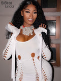 Solid Trend Hollow Two Piece Set Women Spring Full Sleeve Concise Top+Ribbons Hip Dresses Female Vacation Party