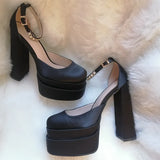 Onlymaker Square Toe Sandals Platform Thick High Heels Solid Mixed Colors Crystal Buckle Stain Sandals Graceful Women