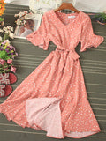 Women Blue/Green/Pink Polka Dot Dress 2023 Vintage High Waist A-line Ladies Vestidos Verano Casual V-neck Dresses