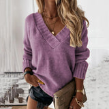 Women's Wear Solid Street Hipster Color Sweater V-neck Long Sleeve Pullover