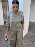 Embroidery Stain Casual Print Suit Women Long Sleeve Top Shirts Loose Pants Two Piece Set Female Outfits Party