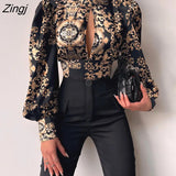 Elegant Workwear Womens Blouse Casual Baroque Print Puff Lantern Sleeve Backless Top Long Sleeve Party Wear Shirts
