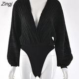 Deep V Neck Sexy Bodysuit For Women Long Sleeve Loose Ruched Body Tops Female Casual Solid Slim Body Suit Party
