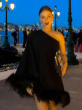 Zingj Shoulder Feather Hem Mini Dress Women Loose Backless Irregular Short Dresses 2024 New Fashion Lady Evening Prom Vestidos 211-1-Outfit