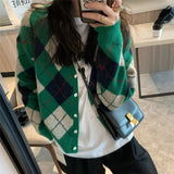 Zingj Version Bump Color Diamond Case Knitting Cardigan Female Autumn Winter New Wear Retro Loose V-Neck Sweater Coat
