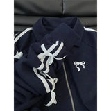 Blue Bow Stripe Zipper TrackJackets- Outfit