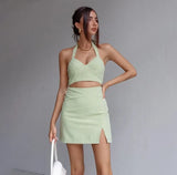 Skirt Suit Sexy Short High Waist European 2022 Summer Halter Camisole 2-piece Set Women's Light Green Plaid Suspenders