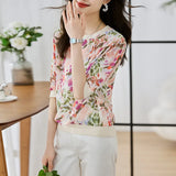 Shot Round Collar Jacket Women's Short Sleeve 2025 Summer New Thin High-End Hemp Print Temperament Five Sleeve