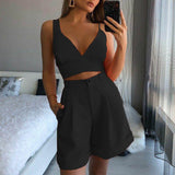 sleeveless short set Women Sexy backless Strap 2Pieces Set deep V neck Crop Top+High Waist Button Shorts Female solid