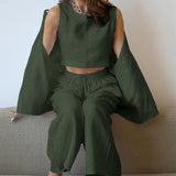 Women Vest Shirt Pants 3 Pieces Set Cotton Linen Crop Tank High Waist Wide Leg Pants Suit Female New Causal Lady