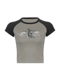 Raglan Sleeve Grunge Wing Print Crop Top- Outfit