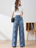 Elegant Jeans For Women High Waist Lace Patchwork Pantalones Hollow Out Denim Trousers Casual Loose All Match Pants