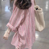 Sense Striped Polo Collar Long-Sleeved Shirt Coat Women Spring And Summer Loose Thin Sun Protection Shirt Outside The Shirt