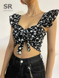 Zingj Summer Floral Strap Tops Women Square Neck Bow Ruffles Short Camisole Fashion Korean Flower Ladies Elastic Waist Top 211-0-Outfit