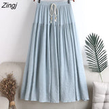 Cotton Pleated Skirt Women Drawstring Elastic High Waist Long Skirts Daily Beach Boho Black White A-line Skirt Faldas